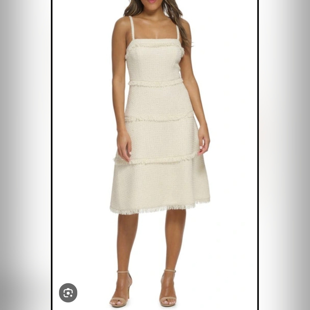 Donna Karan Cream Textured Midi Dress with Fringe Tiers